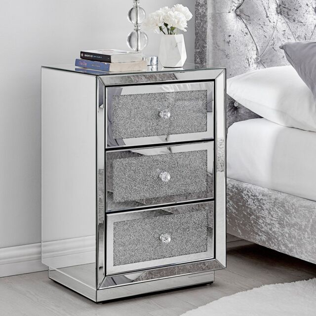 FurnitureboxUK Stella Crushed Diamond Effect Mirrored 3 Drawer Bedside Table in Silver - image 1