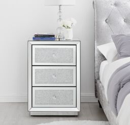 FurnitureboxUK Stella Crushed Diamond Effect Mirrored 3 Drawer Bedside Table in Silver - thumbnail 2