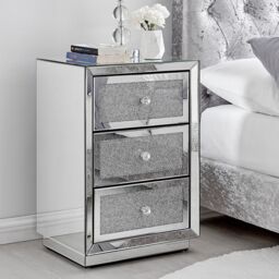 FurnitureboxUK Stella Crushed Diamond Effect Mirrored 3 Drawer Bedside Table in Silver