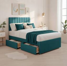 Bed Time UK Luxe Divan Bed Memory Foam Mattress 20in Headboard 2 Drawer Storage in Teal - Size: Single