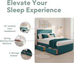 Bed Time UK Luxe Divan Bed Memory Foam Mattress 20in Headboard 2 Drawer Storage in Teal - Size: Single - thumbnail 4