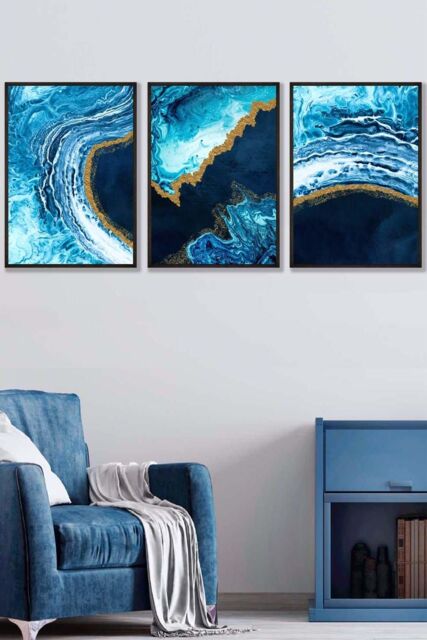 ARTZE Abstract Navy, Blue & Gold Oceans Framed Wall Art - Large in Black - Size: W53 cm x H73 cm x D20mm - image 1