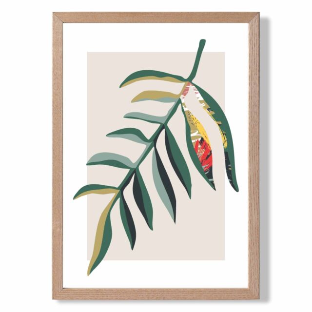ARTZE Tropical Leaf Green & Red Minamilist Framed Print SIZE: A2 with Oak Frame - Size: A3 - image 1