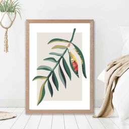 ARTZE Tropical Leaf Green & Red Minamilist Framed Print SIZE: A2 with Oak Frame - Size: A3 - thumbnail 2