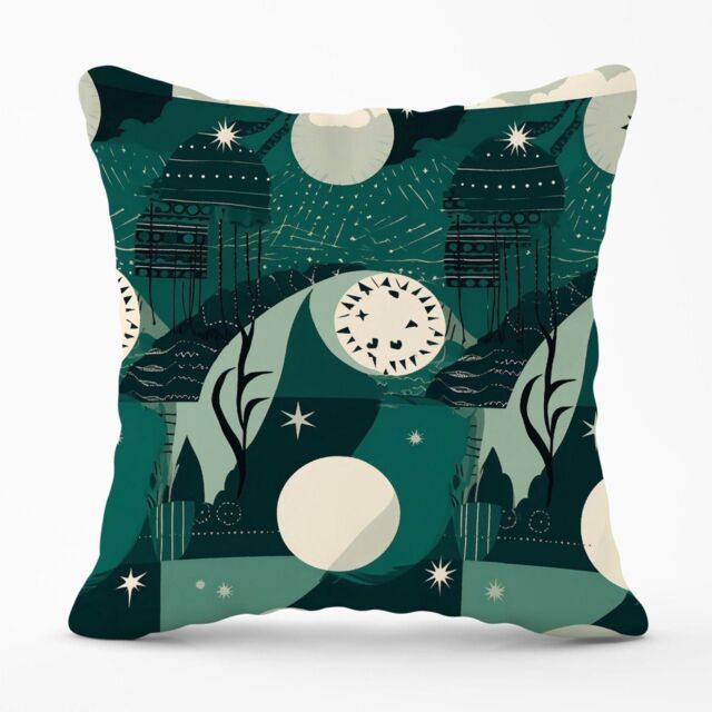 Warren Reed - Designer Abstact Green Cream Moon & Stars Outdoor Cushion - Size: 60 cm x 60 cm - image 1