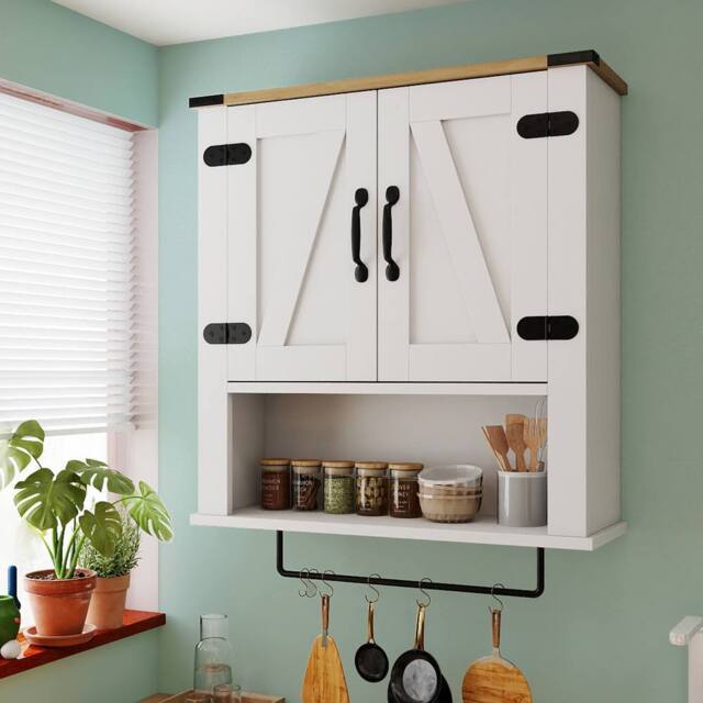 Costway Bathroom Wall Cabinet Wooden Medicine Cabinet w/ Towel Bar & Shelf in White - image 1