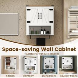 Costway Bathroom Wall Cabinet Wooden Medicine Cabinet w/ Towel Bar & Shelf in White - thumbnail 7
