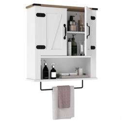 Costway Bathroom Wall Cabinet Wooden Medicine Cabinet w/ Towel Bar & Shelf in White - thumbnail 9