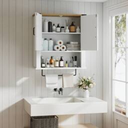 Costway Bathroom Wall Cabinet Wooden Medicine Cabinet w/ Towel Bar & Shelf in White - thumbnail 8