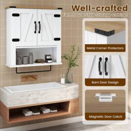 Costway Bathroom Wall Cabinet Wooden Medicine Cabinet w/ Towel Bar & Shelf in White - thumbnail 6