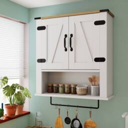 Costway Bathroom Wall Cabinet Wooden Medicine Cabinet w/ Towel Bar & Shelf in White