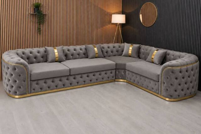 Stratus Interiors Ambassador Chesterfield Velvet Sofa with Gold Trim-No Frill in Mid Grey - image 1