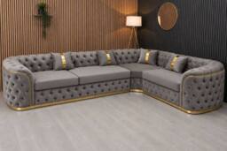 Stratus Interiors Ambassador Chesterfield Velvet Sofa with Gold Trim-No Frill in Mid Grey