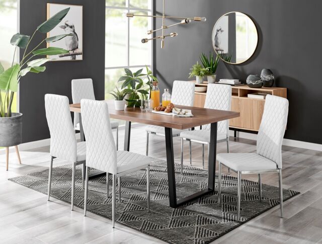 FurnitureboxUK Kylo Large Brown Wood Effect Dining Table & 6 Milan Chrome Leg Faux LeatherChairs in White - image 1