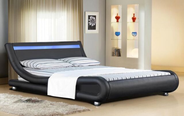 Comfy Living Ltd Italian Style Faux Leather Bedframe With LED Strip in Black - Size: King