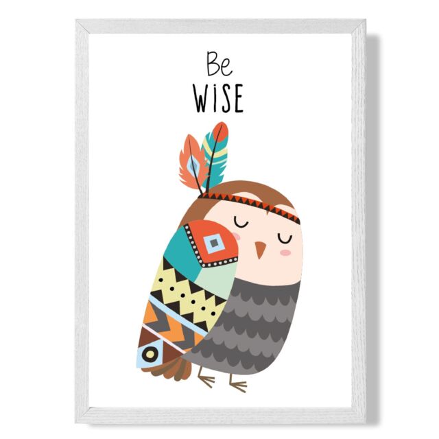 ARTZE Be Wise Owl Tribal Animal Quote Framed Print SIZE: A3 with White Frame in Grey - Size: A4 - image 1