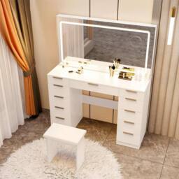 FLAVORA Withe-SZT1170 Large Dressing Table With LED Light Mirror Drawers in White - Size: 0.6m2