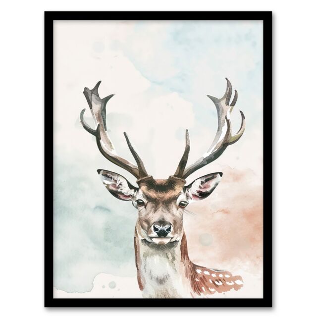 "Artery8 Stag Head Portrait Modern Watercolour Pastel Framed Art Print in White - Size: W12"" x H16""" - image 1