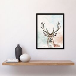 "Artery8 Stag Head Portrait Modern Watercolour Pastel Framed Art Print in White - Size: W12"" x H16""" - thumbnail 4