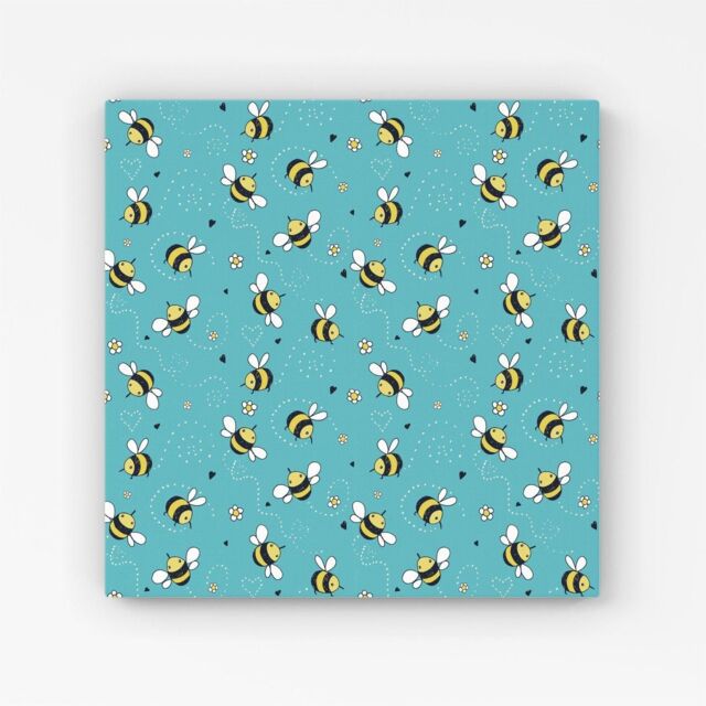 "Warren Reed - Designer Hand Drawn Busy Bees Canvas in Blue - Size: W16"" x H16""" - image 1