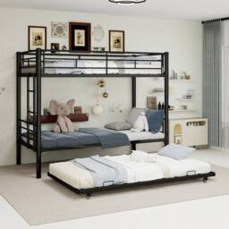 Matteo Black 3-Tier Metal Bunk Bed with Pull-Out Trundle - Space Saving - Size: Single - thumbnail 1