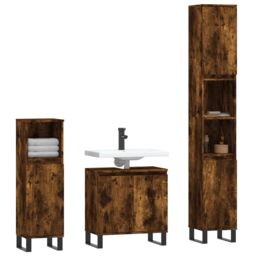 Berkfield Home 3 Piece Bathroom Cabinet Set Smoked Oak Engineered Wood in Brown - thumbnail 3