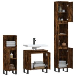 Berkfield Home 3 Piece Bathroom Cabinet Set Smoked Oak Engineered Wood in Brown - thumbnail 4
