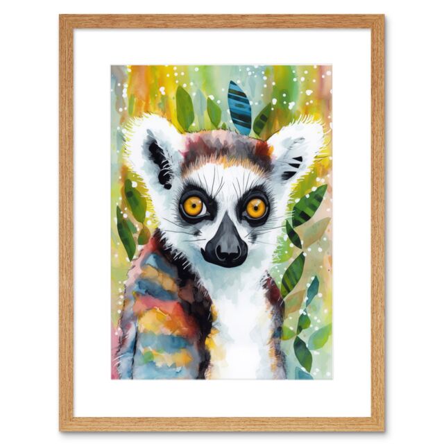"Artery8 Wall Art Print Lemur Portrait Folk Art Watercolour Painting Artwork Framed 9X7 Inch in Beige - Size: W7"" x H9""" - image 1
