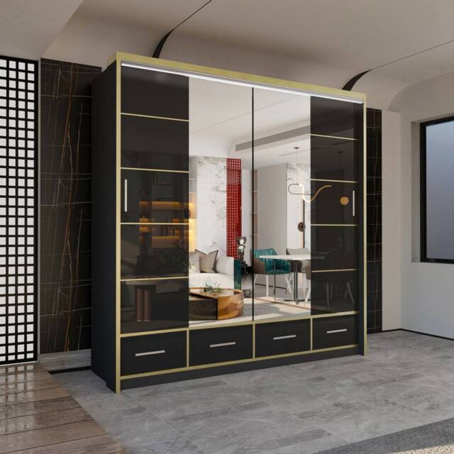 Sliding Wardrobes 4U Modern Gloss Wardrobe with LED Light & Mirror Doors 203×220cm in Black - image 1