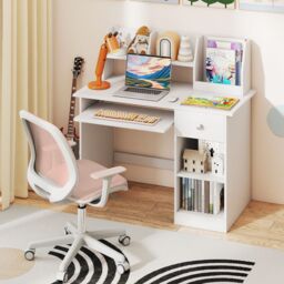 Gymax Study Desk Wooden Writing Table With Keyboard Tray & Drawer in White - thumbnail 3