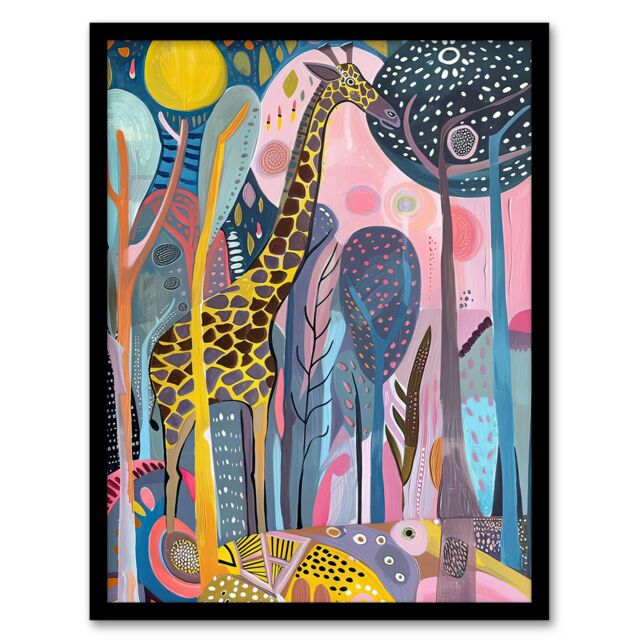 "Artery8 Quirky Giraffe Folk Art Colourful Trees Painting Framed Art Print - Size: W12"" x H16""" - image 1