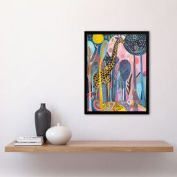 "Artery8 Quirky Giraffe Folk Art Colourful Trees Painting Framed Art Print - Size: W12"" x H16""" - thumbnail 4