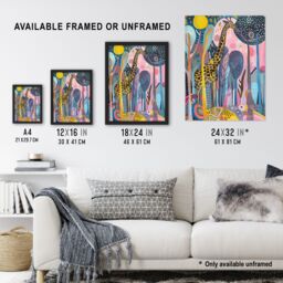 "Artery8 Quirky Giraffe Folk Art Colourful Trees Painting Framed Art Print - Size: W12"" x H16""" - thumbnail 3