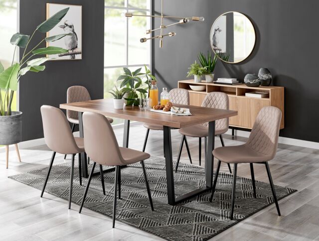 FurnitureboxUK Kylo Large Brown Wood Effect Dining Table & 6 Corona Black Leg Feax Leather Chairs in Beige - image 1