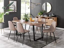 FurnitureboxUK Kylo Large Brown Wood Effect Dining Table & 6 Corona Black Leg Feax Leather Chairs in Beige