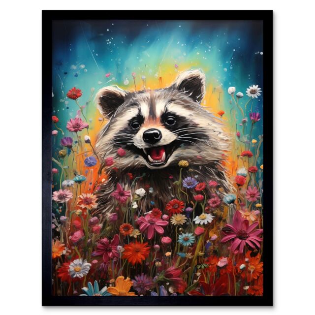 Artery8 Wall Art Print Gleeful Racoon Quirky Portrait Spring Makes Everything Better Oil Painting Kids Bedroom Blooming Wildflower Meadow Art Framed - image 1