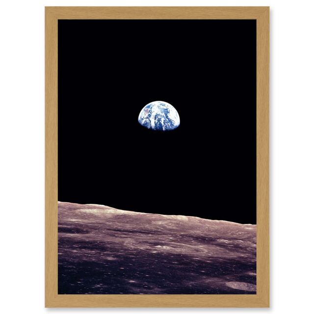 Artery8 Space Photo Planet Earth From Moon Surface Landscape USA A4 Artwork Framed Wall Art Print in Light Oak - image 1