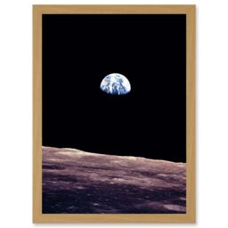 Artery8 Space Photo Planet Earth From Moon Surface Landscape USA A4 Artwork Framed Wall Art Print in Light Oak - thumbnail 1