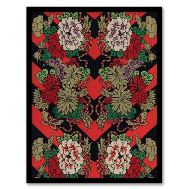 Artery8 G A Audsley Framed Wall Art Print Japan Red Fan Floral Pattern - Size: A4 - image 1