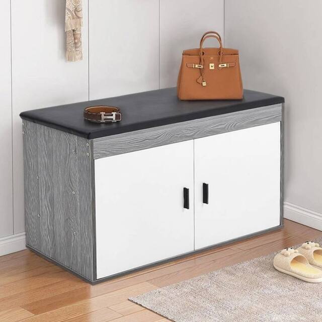 EONLION White + Grey Wood-Grain Shoe Storage Bench - Size: 100 cm - image 1