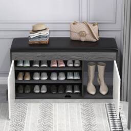 EONLION White + Grey Wood-Grain Shoe Storage Bench - Size: 100 cm - thumbnail 3