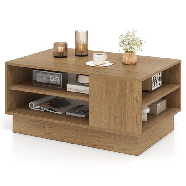Costway Modern Coffee Table 86cm Long Rectangle Center Table w/ Shelves in Natural - image 1