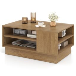 Costway Modern Coffee Table 86cm Long Rectangle Center Table w/ Shelves in Natural - thumbnail 1
