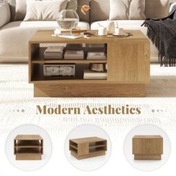 Costway Modern Coffee Table 86cm Long Rectangle Center Table w/ Shelves in Natural - thumbnail 7