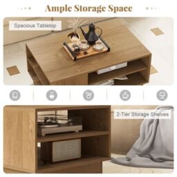 Costway Modern Coffee Table 86cm Long Rectangle Center Table w/ Shelves in Natural - thumbnail 5