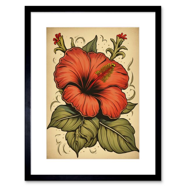 "Artery8 Wall Art Print Old School USA Tattoo Ink Body Art Red Hibiscus Rockabilly Americana 50s Artwork Framed 9X7 Inch in Black - Size: W7"" x H9""" - image 1