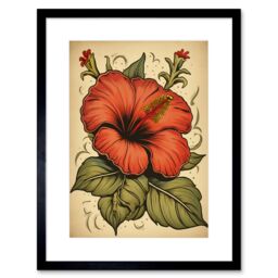 "Artery8 Wall Art Print Old School USA Tattoo Ink Body Art Red Hibiscus Rockabilly Americana 50s Artwork Framed 9X7 Inch in Black - Size: W7"" x H9""" - thumbnail 1