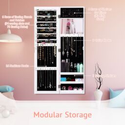 Costway Mirrored Jewelry Cabinet Wall Mounted/Door Hanging Jewelry Armoire w/ Full-Length Mirror in White - thumbnail 4