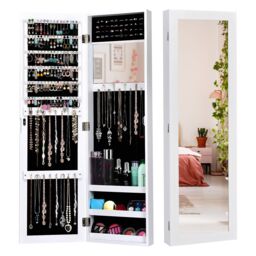 Costway Mirrored Jewelry Cabinet Wall Mounted/Door Hanging Jewelry Armoire w/ Full-Length Mirror in White - thumbnail 1
