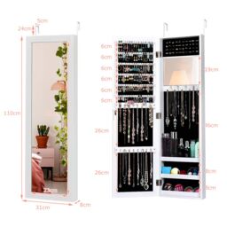 Costway Mirrored Jewelry Cabinet Wall Mounted/Door Hanging Jewelry Armoire w/ Full-Length Mirror in White - thumbnail 2
